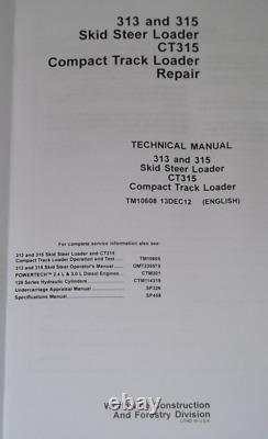 John Deere 313 315 Ct315 Skid Steer Technical Service Shop Repair Manual Tm10608
